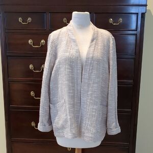 Eileen Fisher Beige, textured, open front jacket with pockets. size petite large